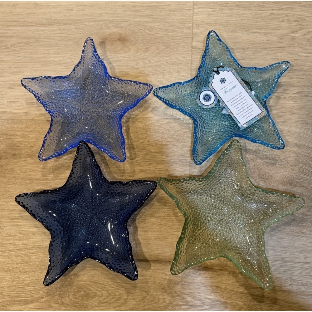 Akcam Turkish Glass Starfish Dessert Small Dish Plates Set of 4 - NEW